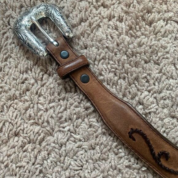 Vintage Tony Lama Western Cowboy Concho Brown Belt Metal 28” Medium - Picture 3 of 6